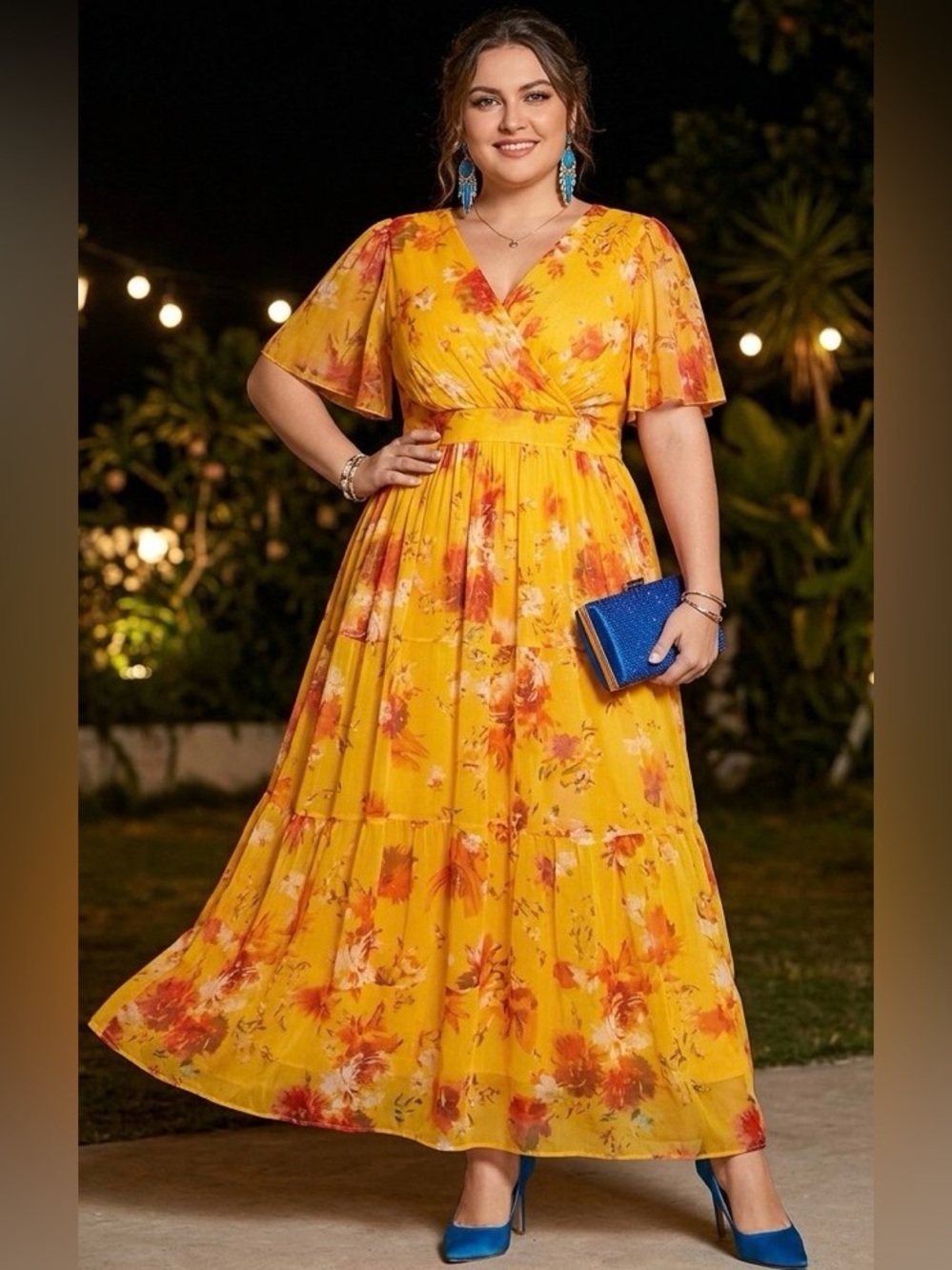 Floral Yellow Maxi Dress with Flutter Sleeves 1X